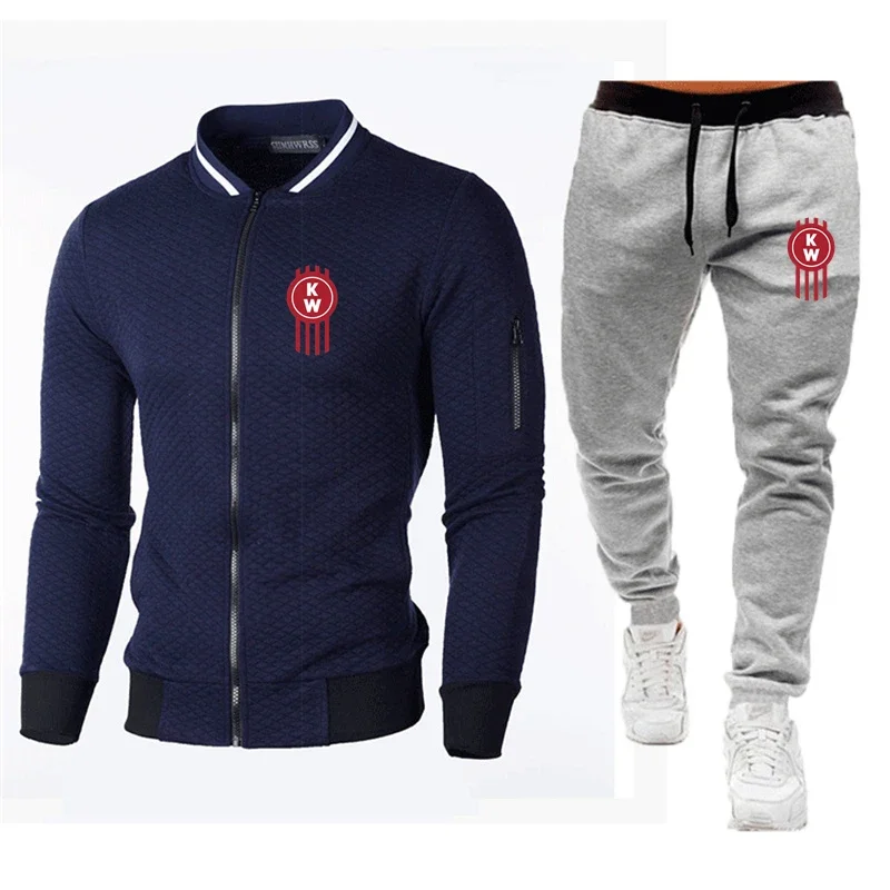 2024 Lente Herfst Nieuwe Kenworth Logo Print Custom Made Warme Effen Kleur Mannen Rits Jack + Broek Zak Casual Man Sportkleding Set