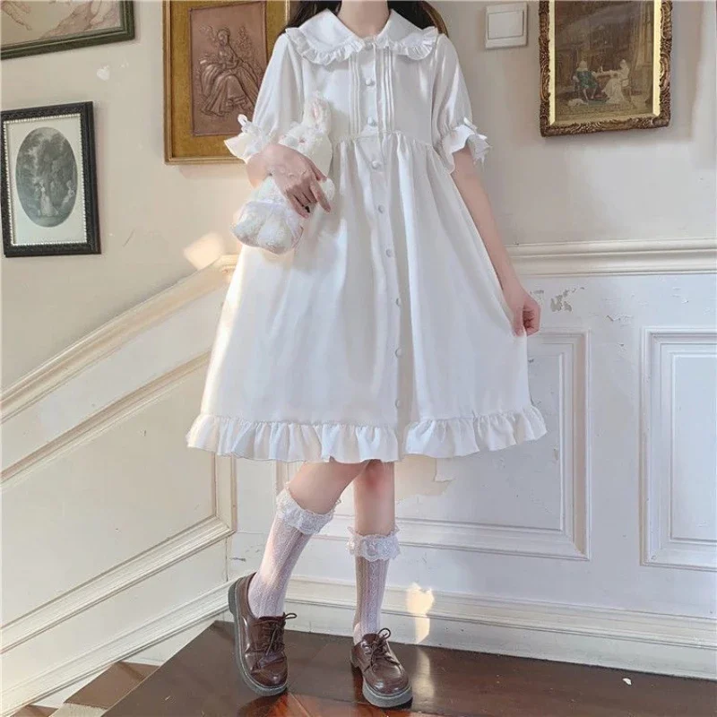 Lolita Fairy Dresses Women Summer New Peter Pan Collar Sweet Lace-up Puff Sleeve Solid Patchwork Edible Tree Fungus Loose Dress