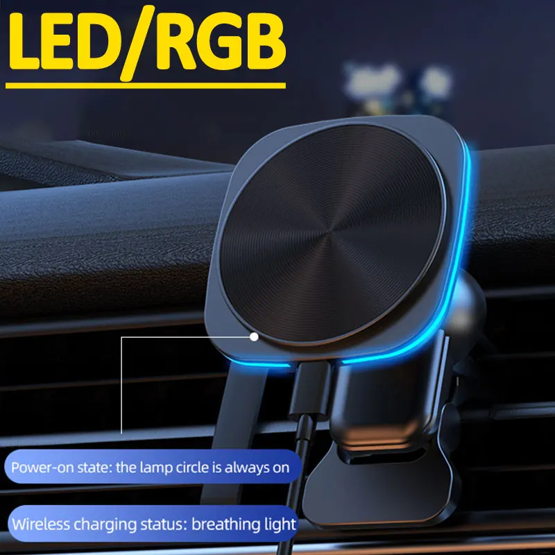 Magnetic Car Wireless Charger RGB LED Light Air Vent Phone Holder Macsafe For iphone 14 13 12 Pro Max Fast Charging Station