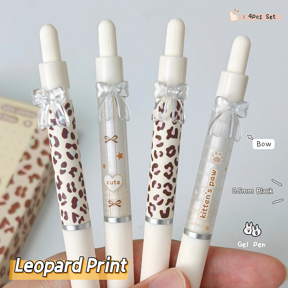 4Pcs Leopard Print Polka Dot Gel Pens 0.5mm Black Quick Dry Pen Creative Bow Writing Pens for Study and Office