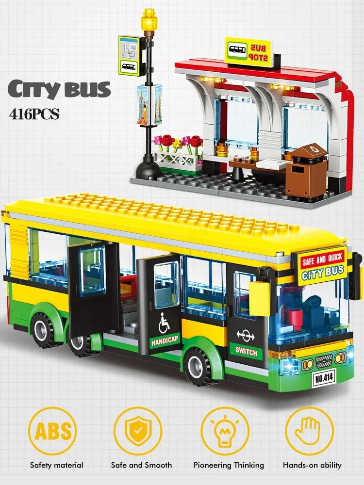 City Technical Yellow Delivery Transport Truck ‌ Bausteine Grün Blau Bus Station Modell Spielzeug für Kinder Urlaub Geschenke – Detail 4