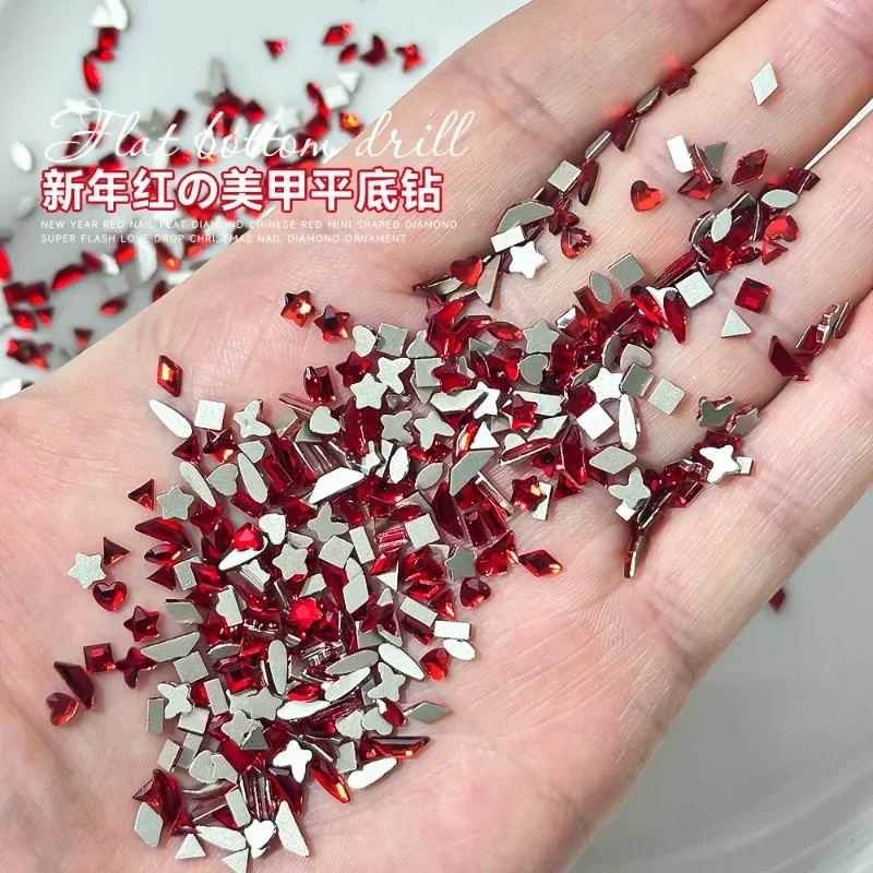 50/100pcs Mini Red Nail Water Diamond Alien New Year Flat Diamond Small Star Water Drop Nail Accessories Wholesale