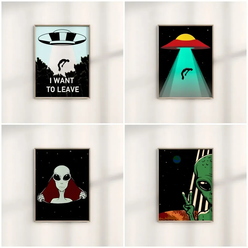 Extraterrestrial UFO Wall Art Outer Space Print Funny Alien Invasion Canvas Painting Dorm Playroom Home Decoration
