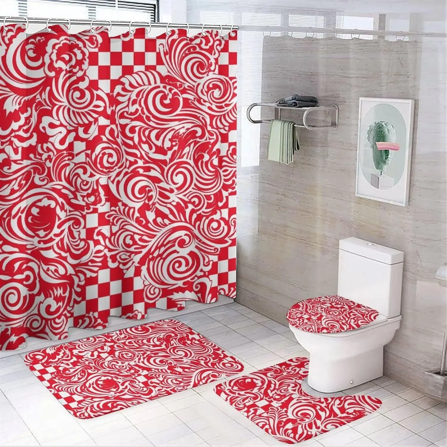 

Red White Shower Curtains Set 4 Piece with Non-Slip Rugs, Toilet Lid Cover and Bath Mat Soft Bathroom Carpet Waterproof Bathroom