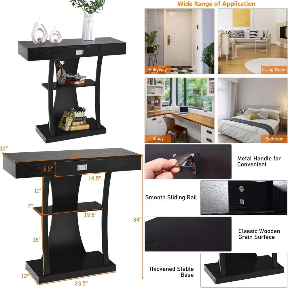 Console Sofa Table with Drawer and 2-Tier Shelves, Accent Furniture for Entryway, Hallway, Living Room in Black