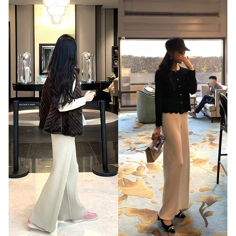 

Boamarket Women's Loose Straight Leg Pants 100 Wool Elastic Waist Casual Slimming Wide Leg Long Trousers Autumn Winter New Style