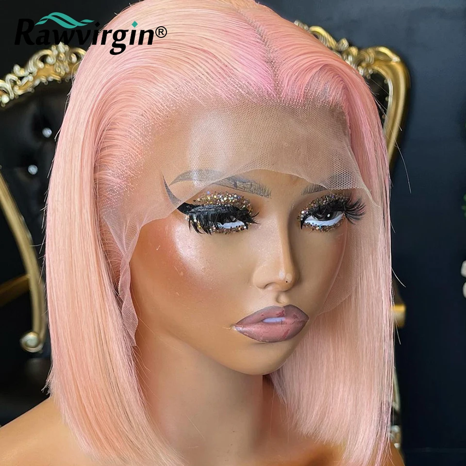 Rose Pink Short Colored Bob Human Hair Wigs 13x4 Lace Front Wigs Transparent Lace Pre Plucked Wig For Women Cosplay 180%