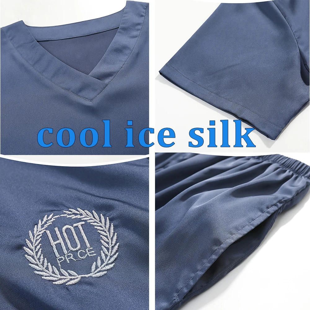 Casual V Neck Solid Silk Satin Pajamas Men's Pijama Sets Summer Breathable Short Sleeve Sleep Tops Sleepwear pijama masculino