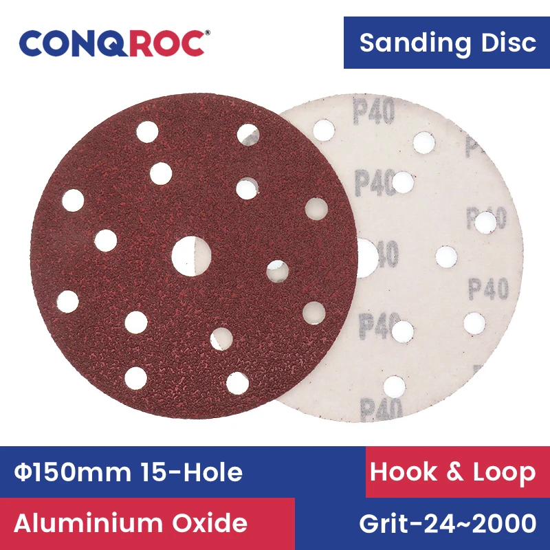 

Sanding Discs 150mm(6-Inch) 15-Hole Aluminum Oxide Dry Sanding Papers Hook and Loop 25-Piece Grit 24~2000