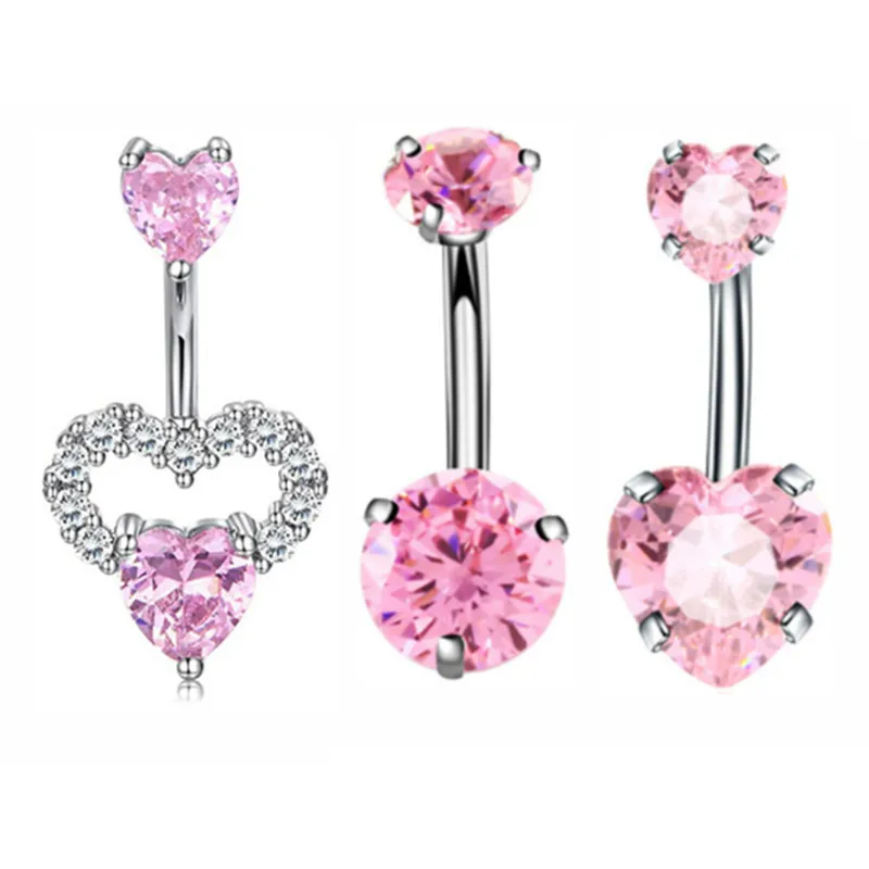 3PCS Pink Crystal Belly Button Rings Set