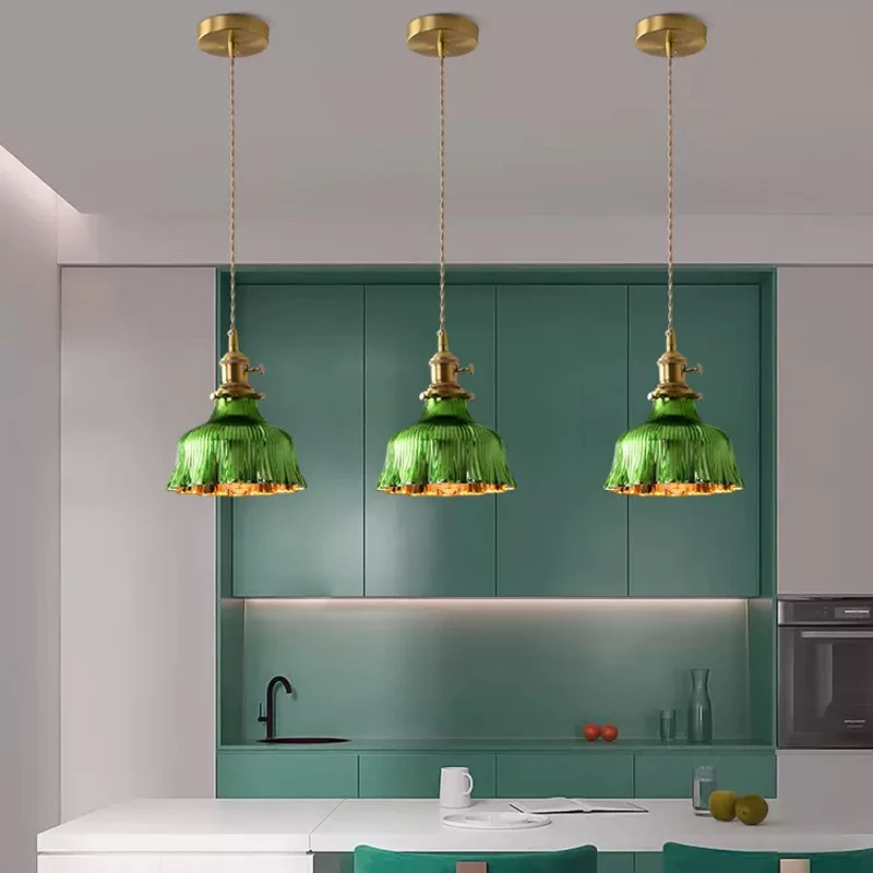 Vintage Loft Kitchen Island  Chandelier Green Glass Pendant Lights Luxury Hanging Lamp Dining Bedroom Bedside Industry Lighting