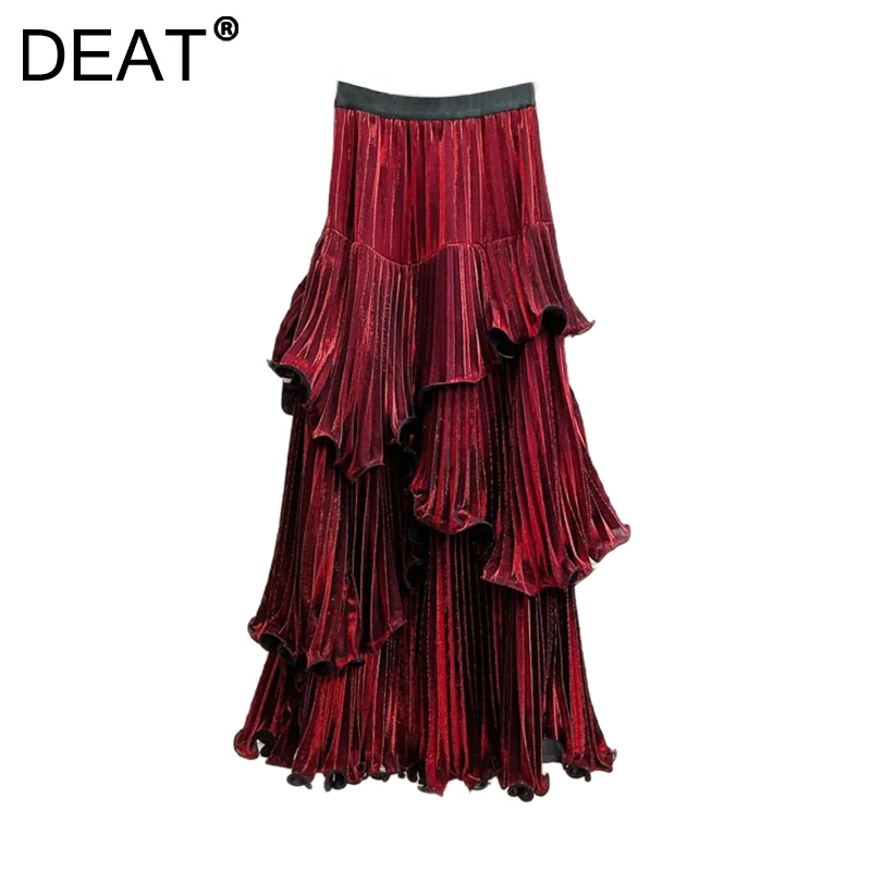 DEAT Women's Skirt Irregular Patchwork Pleated Design Solid Color A-line High Waist Long Skirt Spring 2025 New Fashion 29L9194