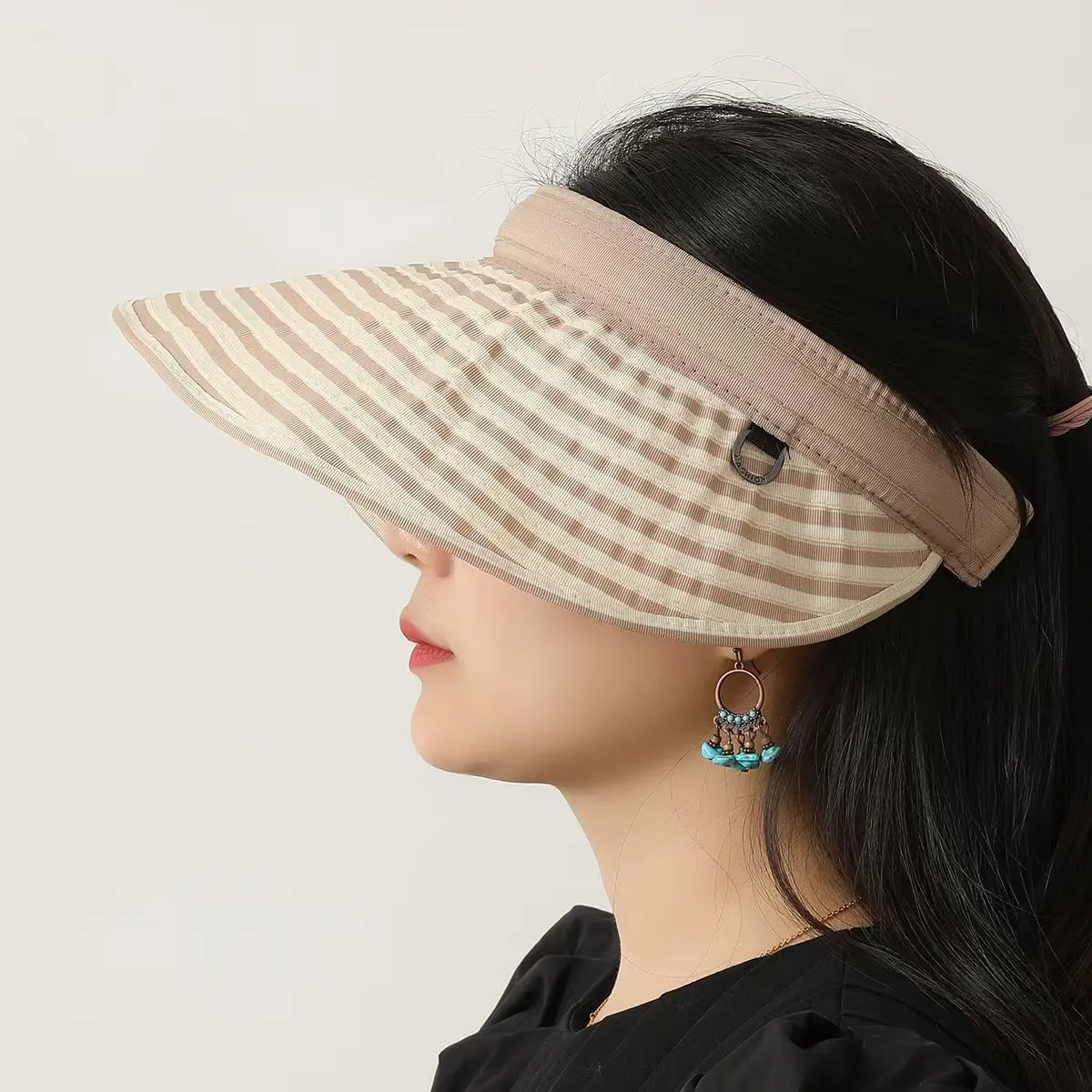 Women's Striped Open Top Sun Hat,Foldable Breathable Visor Cap, Casual Beach Vacation UV Protection, Travel Outdoor Foldable Hat