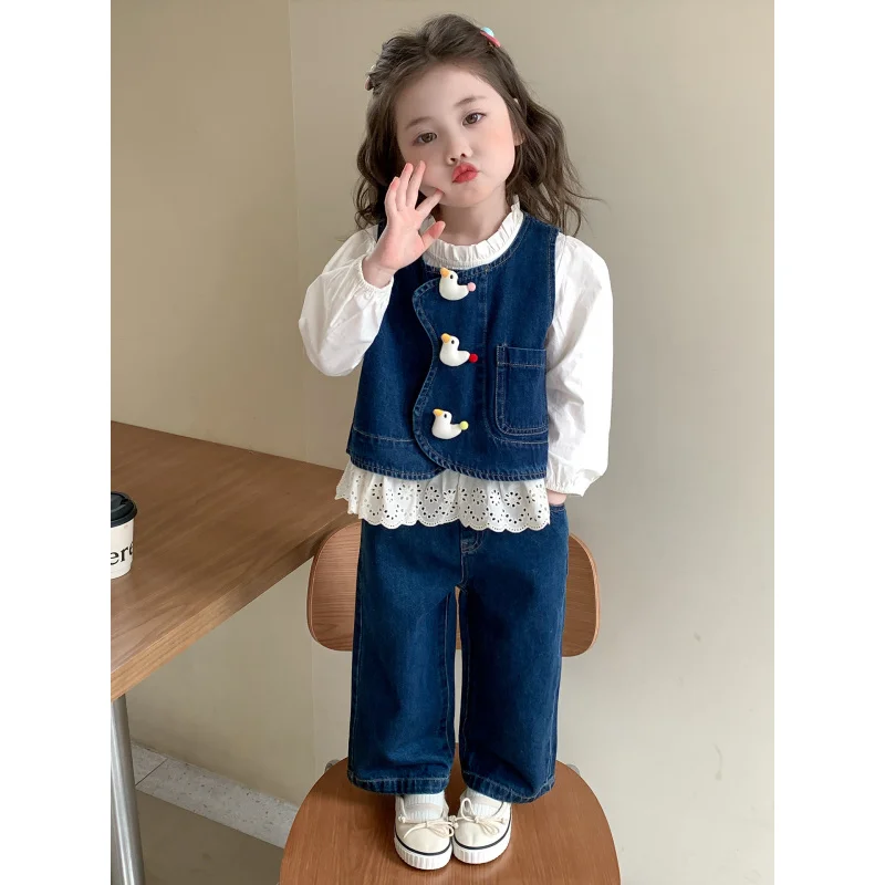 

Girls' Denim Suit Spring and Autumn Clothing2025New Stylish Fashionable Children's Girl Baby Vest Straight Pants Three-Piece Set