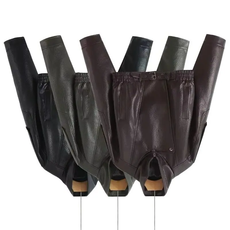 Stand-up Collar Short PU Leather Jacket with Cinched Waist Solid Color Motorcycle Coat New Autumn Fashion Women's Relaxation Top