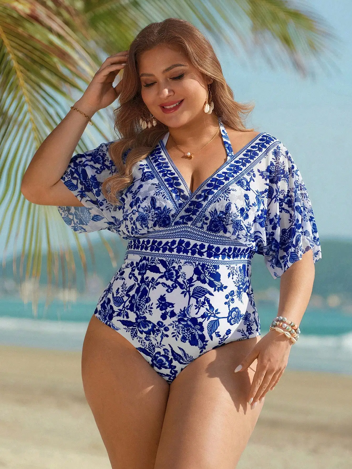 

Plus Size One Piece Swimsuit Floral Print V Neck Adjustable Strap Beach Vacation Swimwear