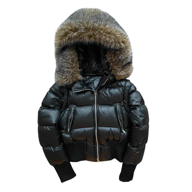 معطف نسائي منتفخ بياقة من الفرو الصناعي ملابس شتوية بقصة ضيقة وحزام بلون سادة #2