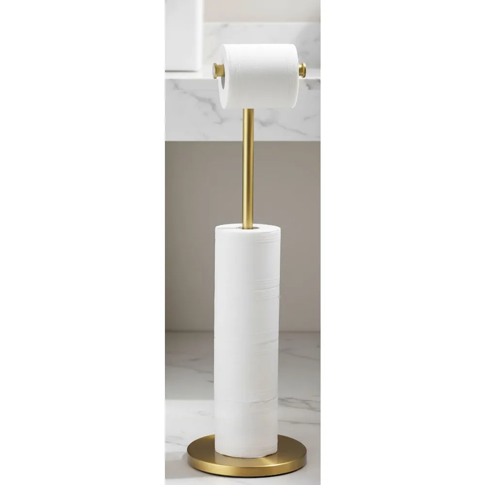 

Stainless Steel Toilet Paper Holder Stand with Reserve, Rustproof Heavy Duty Base, Brushed Gold for Bathroom Decor