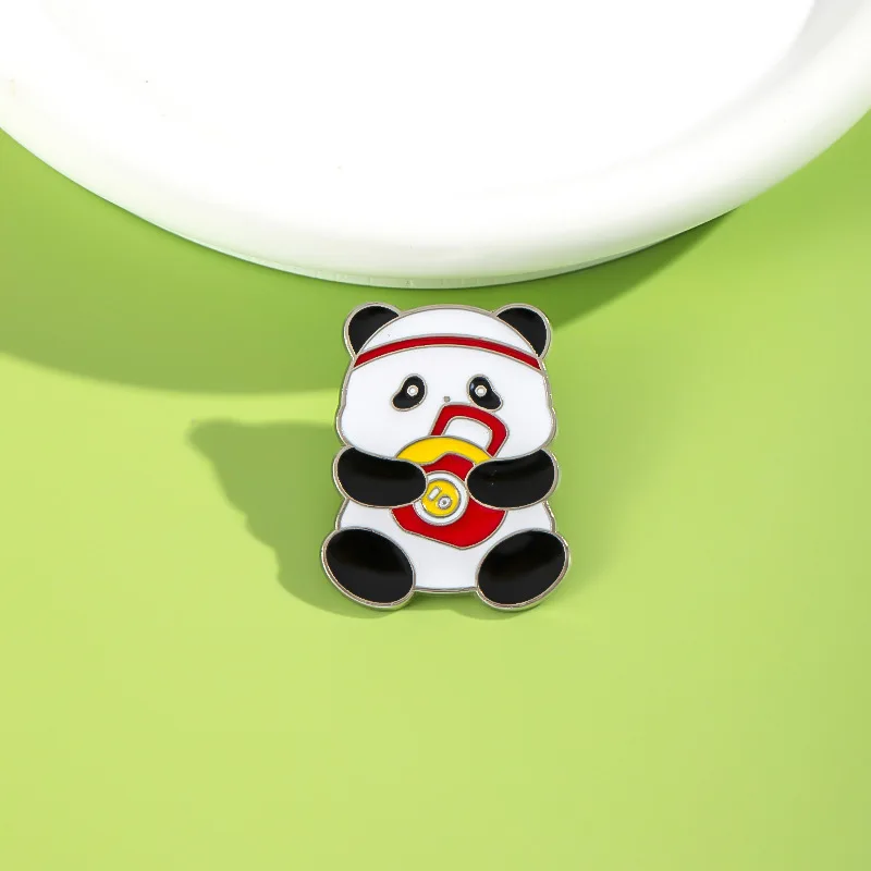 Cute Panda Sports Enamel Pin Weightlifting Gym-Themed Panda Brooches Colorful Enamel Details Fun Accessories for Jackets & Bags