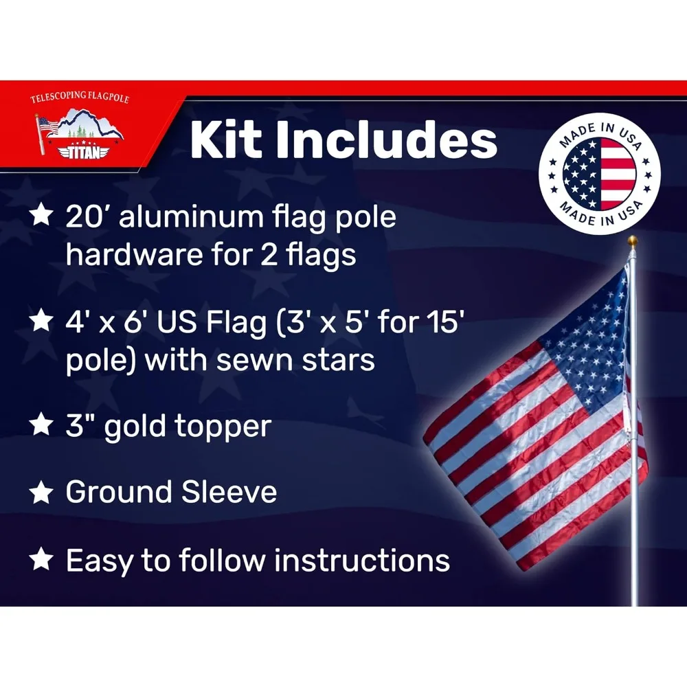 , 20ft Silver - Made in The USA Heavy Duty Flag Pole Kit, Anodized Aluminum Telescoping Flag Pole, 4 x 6 American Flag,