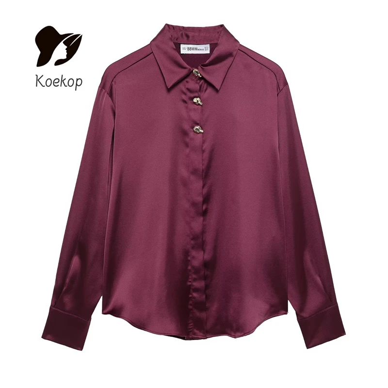 

Koekop 2025 Women's Fashion Solid Color Gold Button Decoration Shirt Vintage Casual Satin Texture Women's Chic Lady Shirt
