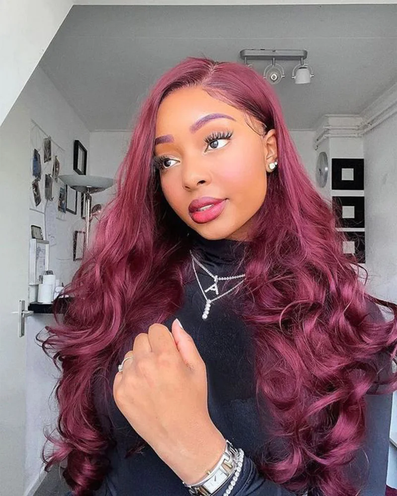 

13x6 burgundy colored boby wave hd lace frontal human hair wig for women 100% glueless water wave cheap wigs on sale clearance