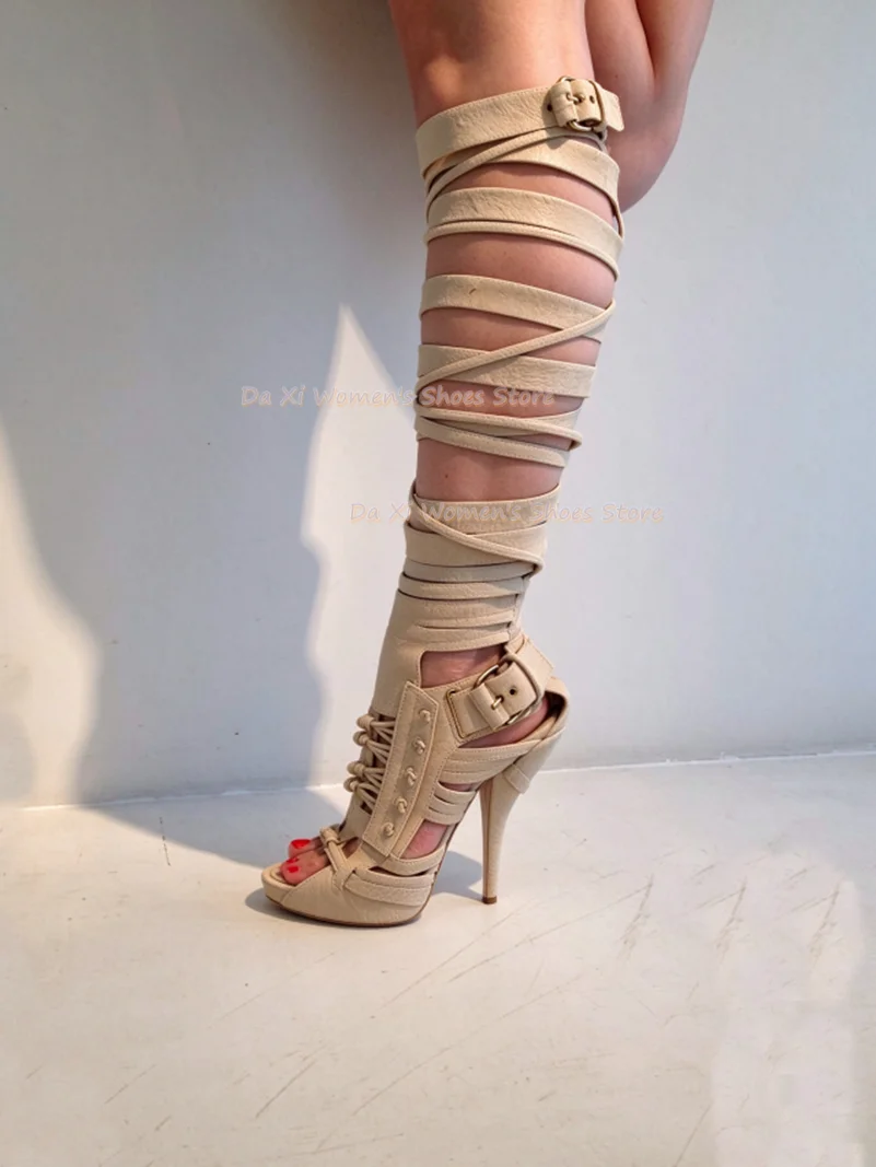 Multi-Strap Combination Clasp Design Round Head Exposed Toes Openwork Boots Runway Piece Sexy High-Heeled Sandals Gladiator