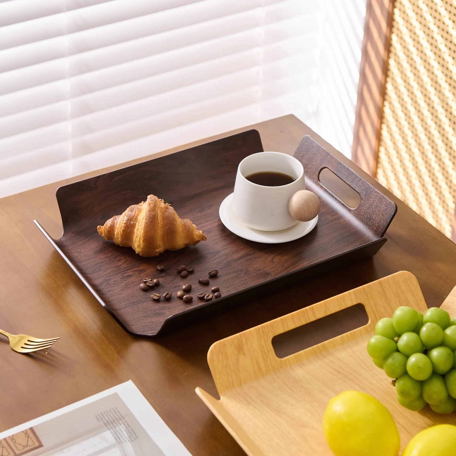 Vintage Walnut Wood Grain Rectangular Tray Extra Large Serving Tray Organizer Cup Coaster Non-Slip New Chinese Style Tea Tray