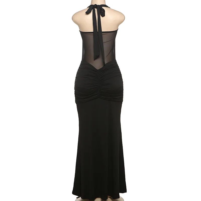 Przezroczysta Sukienka Maxi Bodycon z Siateczki, Naszywki, Marszczeniami i Wstążką, Damska, Seksowna, Bez Ramiączek, Sznurowana, z Odkrytymi Plecami, Wyszczuplająca, Klubowa, Imprezowa, Długa Suknia