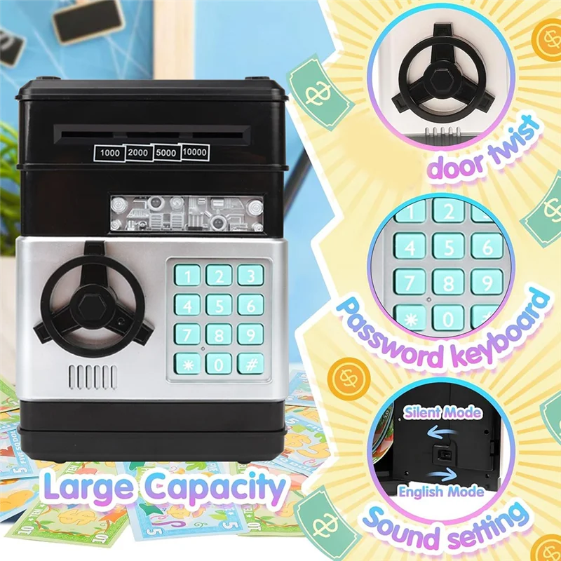 ABFN-1 Set Black Piggy Bank Cash Coin Can ATM Bank Coin Money Bank For Kids Gift Black