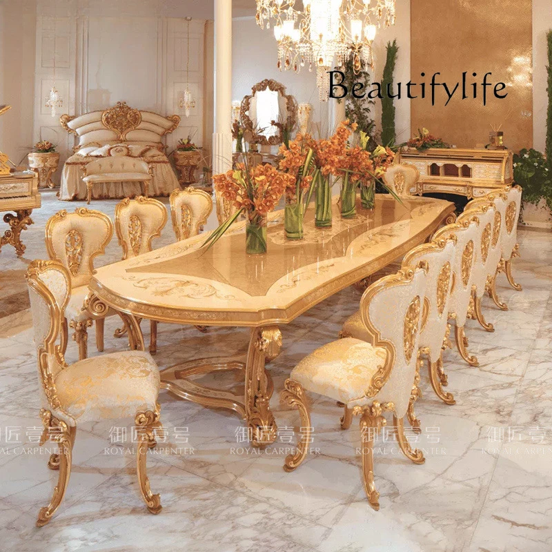 

European solid wood dining table dining chair combination French high-end palace luxury carved long dining table