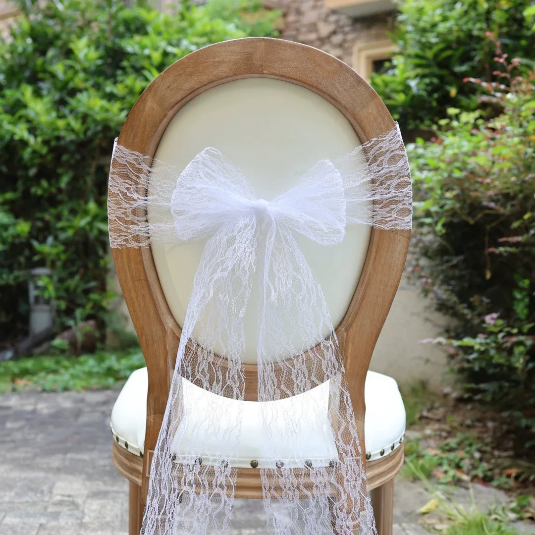 White Lace Vintage Chair Sashes with Bows Wedding Aisle Decorations Embroidered Jacquard Chair Bow Ties