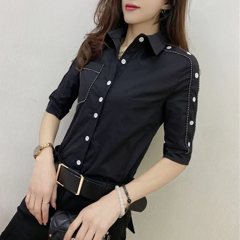 

Y2k Shirt Female Tops Europe US Summer New Polo Collar Single Row Buckle Short Sleeved Solid Color Pocket Self Cultivation