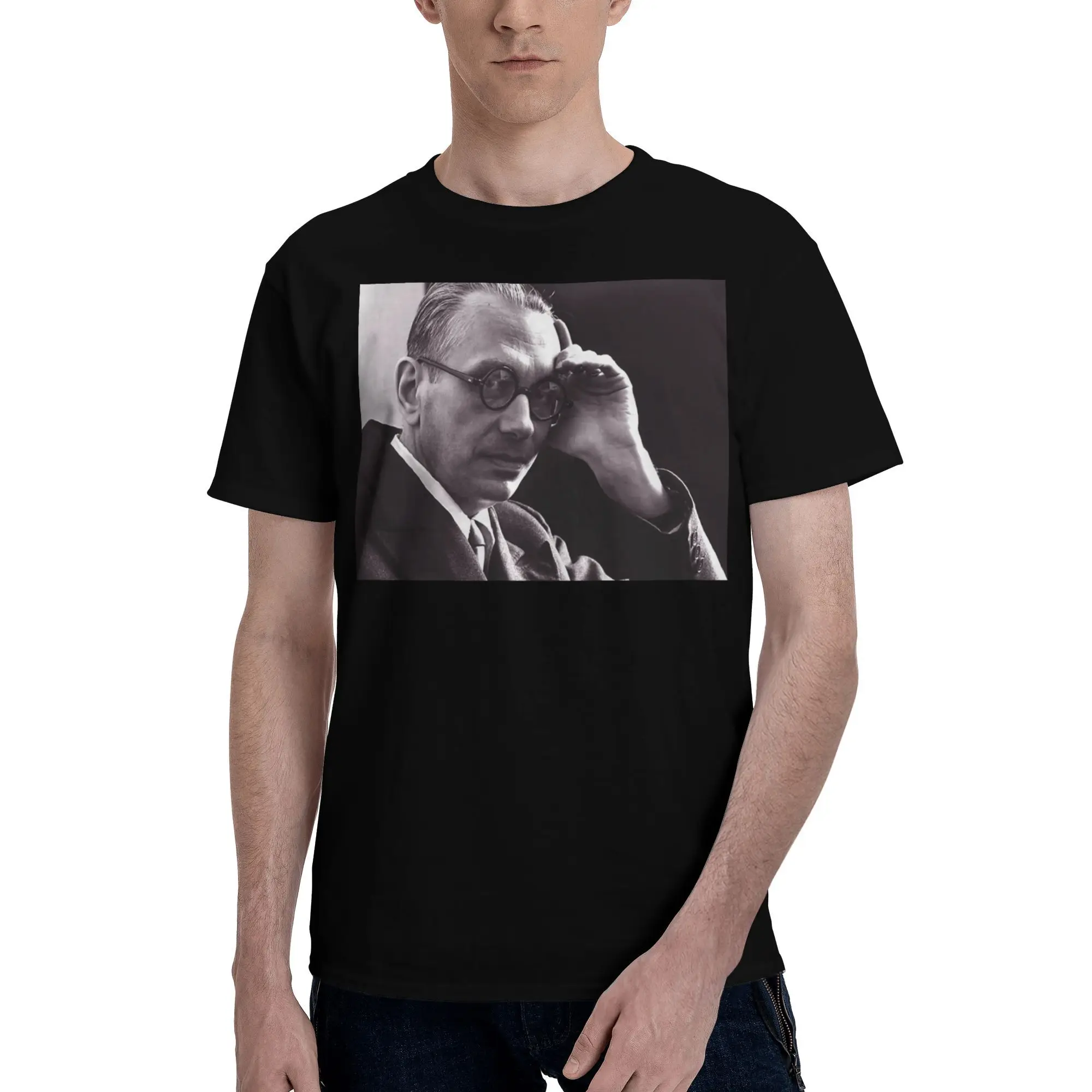

New 2025 yaer Black and White Photograph of a Man in a Suit Adjusting His Glasses, Exuding a Sense t shirt men sleeve shirt