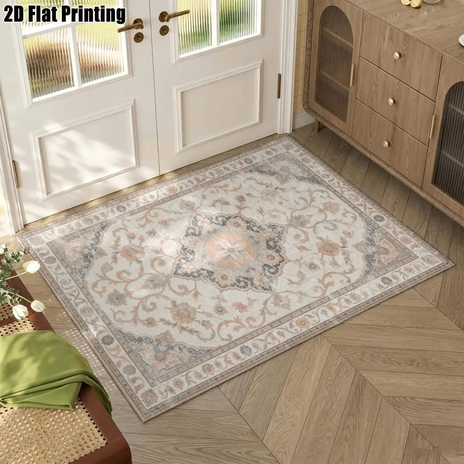 1Pc 2D Printed Carpet: Beige & Powder Blue Floral, Vintage/Bohemian/Geometric European Style Multi-Size, Machine Washable, Ideal for Entrance/Dining/Foyer/Bedroom/Living Room as a Decorative Mat.