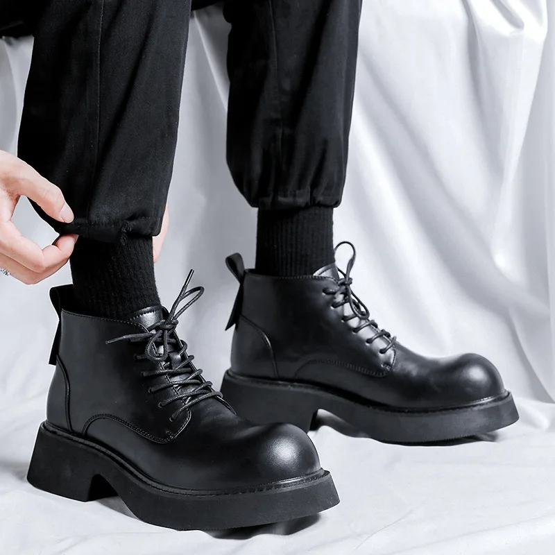 New British Men Fashion Black Men Boots Dress Leather Shoes Platform Boots Outdoor Height Increasing Shoes Motorcycle Boots