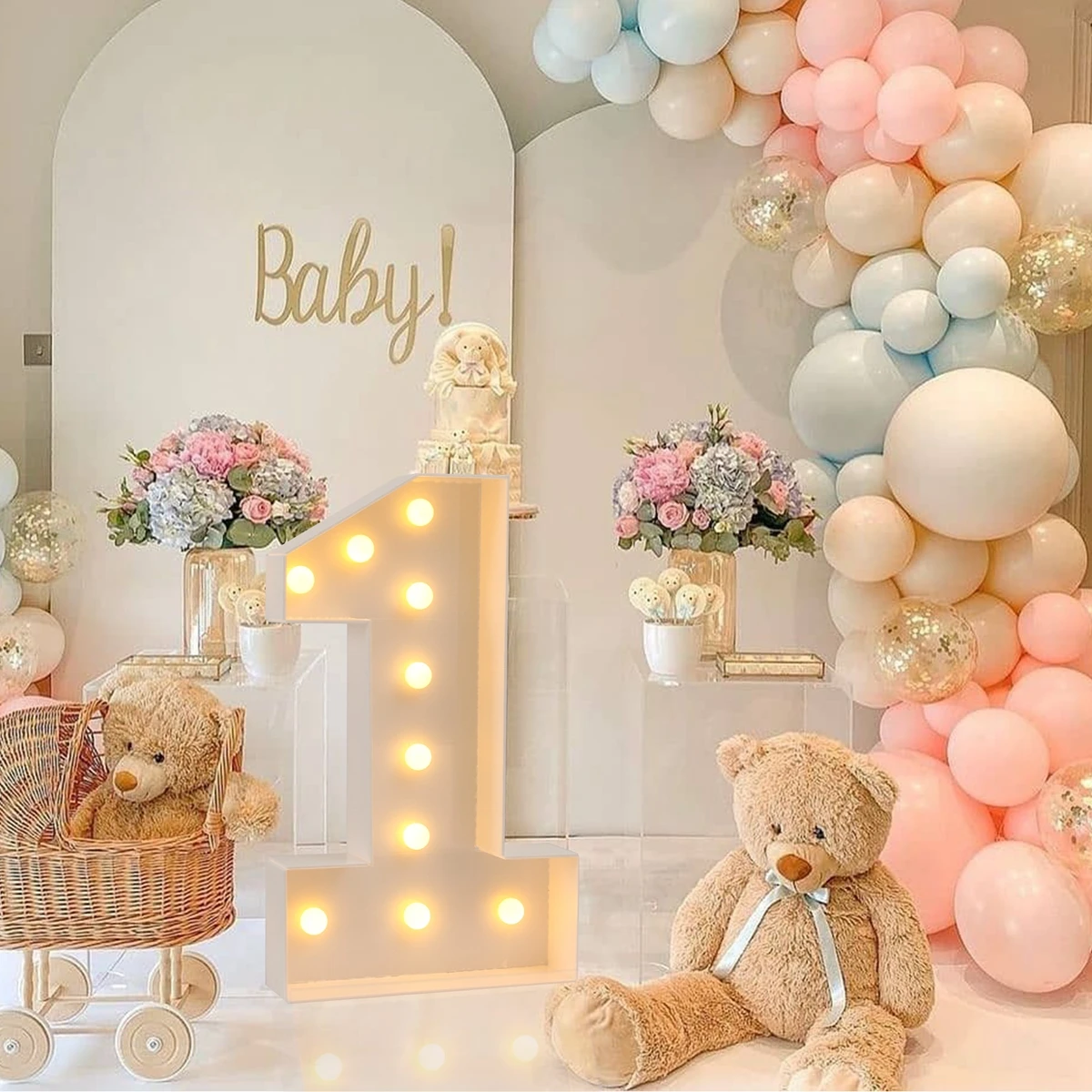 Caja de relleno de globos de figura gigante con luces, 1er cumpleaños, número 18, 30, 40, 50, marco de globos, decoración de boda, Baby Shower