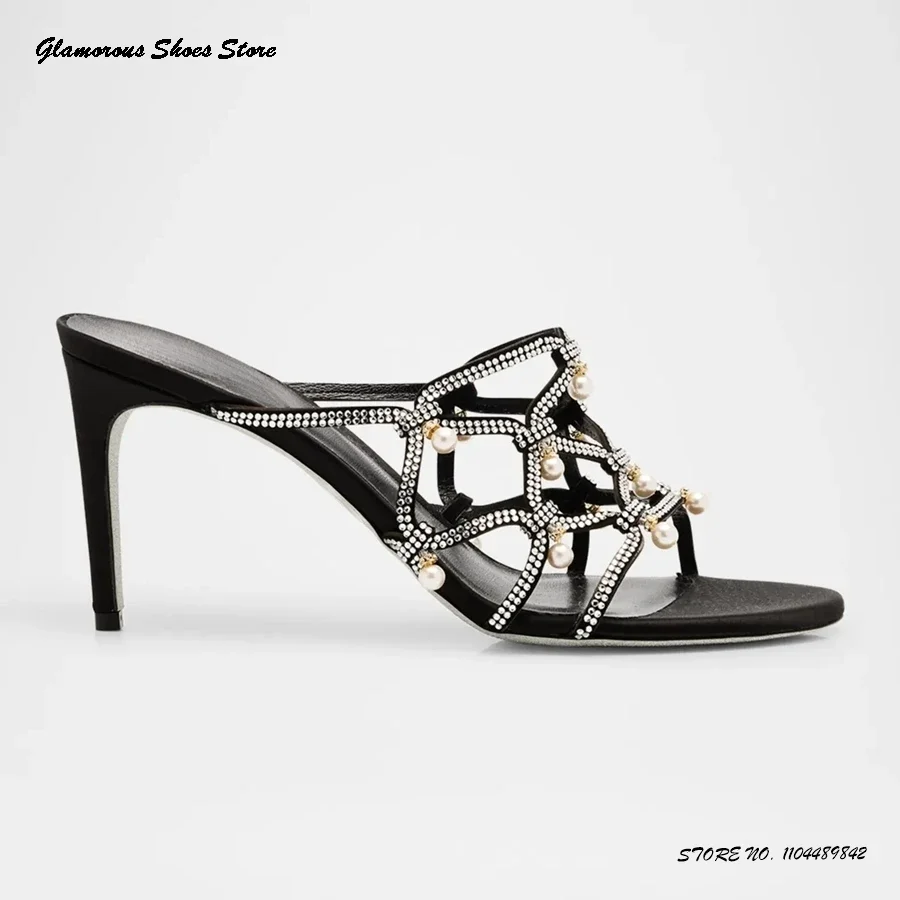 

Strass Pearly Caged Leather Stiletto Sandals Women's Round Toe Thin Heels Party Shoes Summer Pull On Hollow Modern Slippers