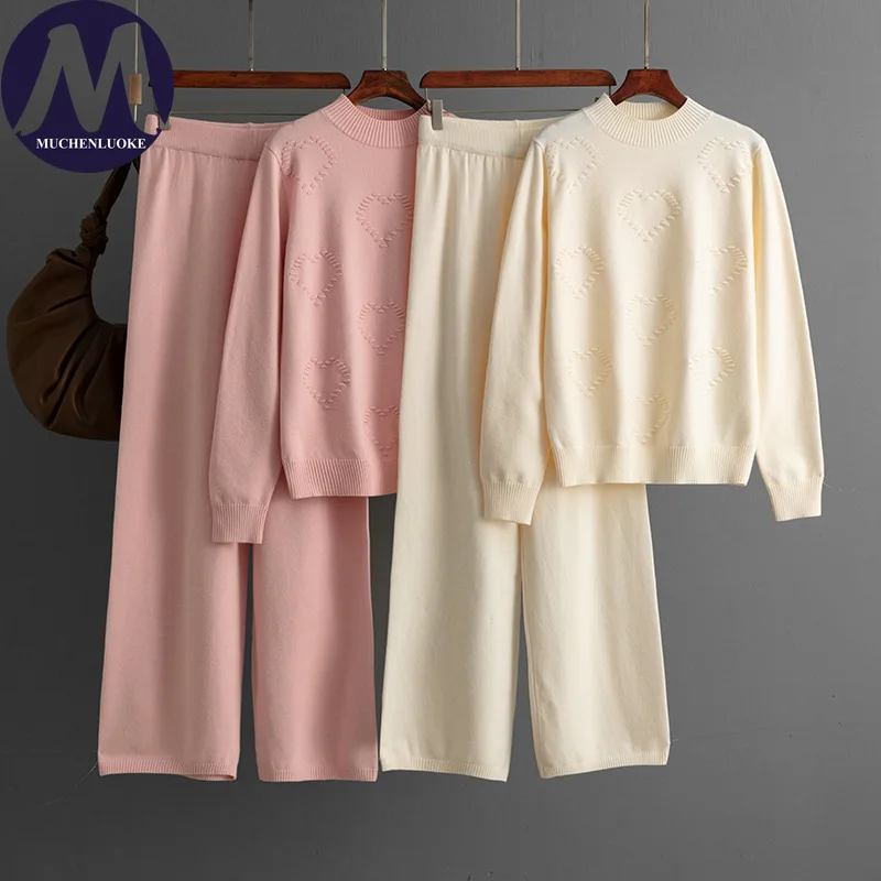 Women's Heart Symbol Knitted Two-Piece Set Casual Mock Neck Sweater Top with Fashionable Loose Pants Autumn Winter Collection