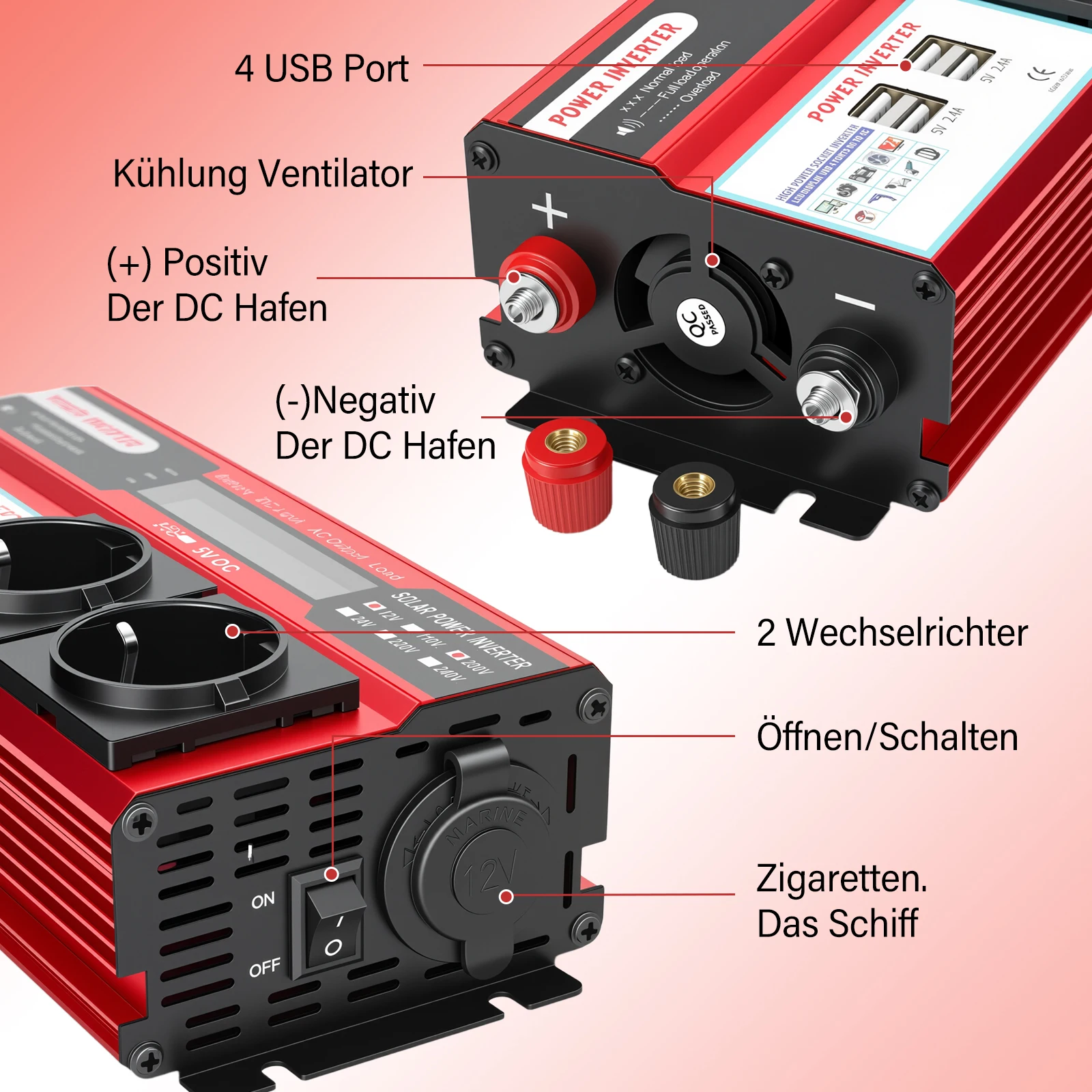 Car Power Inverter DC 12V To AC 220V 5000W Modified Sine Wave Solar Converter LCD Screen Display 60Hz Power Supply