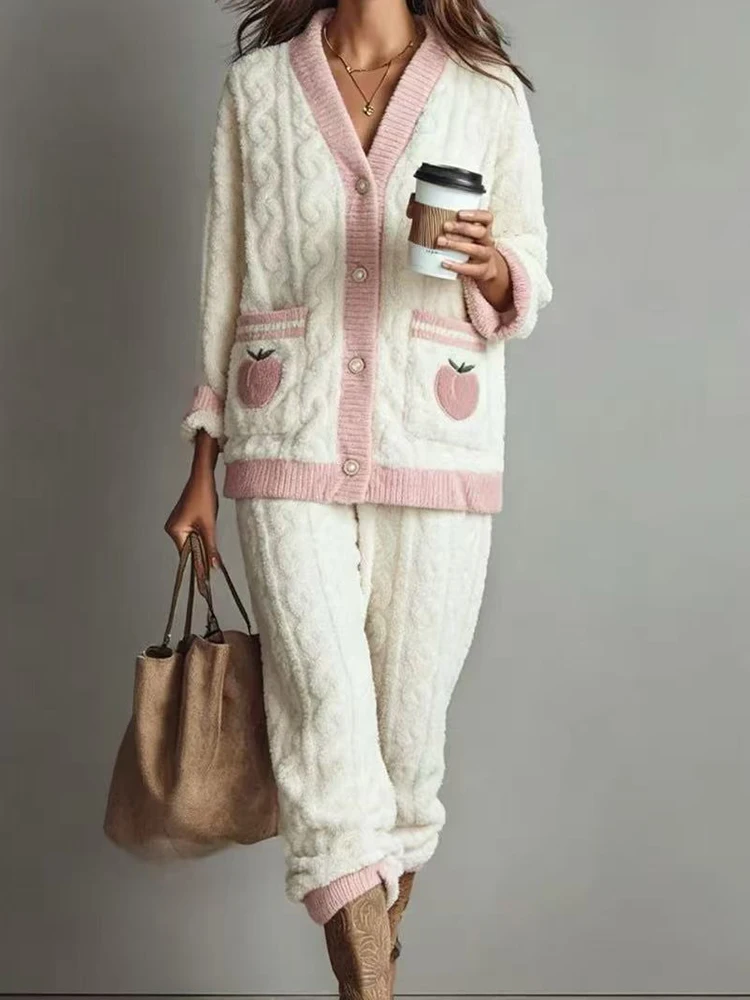 

Элегантная женская ночная рубашка с фруктовым принтом, модная простая осенне-зимняя одежда из двух предметов, повседневные теплые комплекты домашней одежды из кораллового флиса