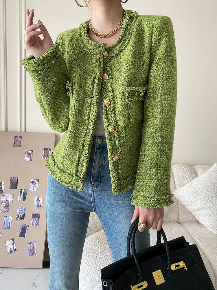 Tassel Trim Green Tweed Jacket Small Fragrant Women Thin 2023 Early Spring Coat