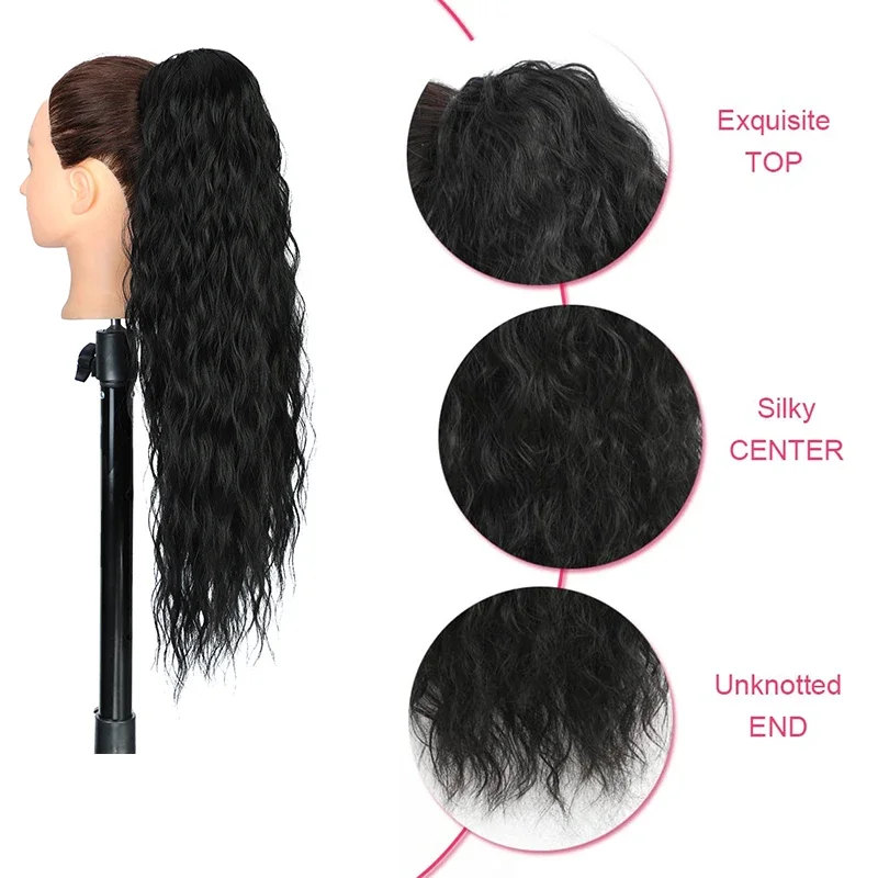 Extensiones de Cabello con Clip de cordón para mujeres negras, cola de caballo, Onda de agua sintética Natural, negro, Rubio, 26 pulgadas