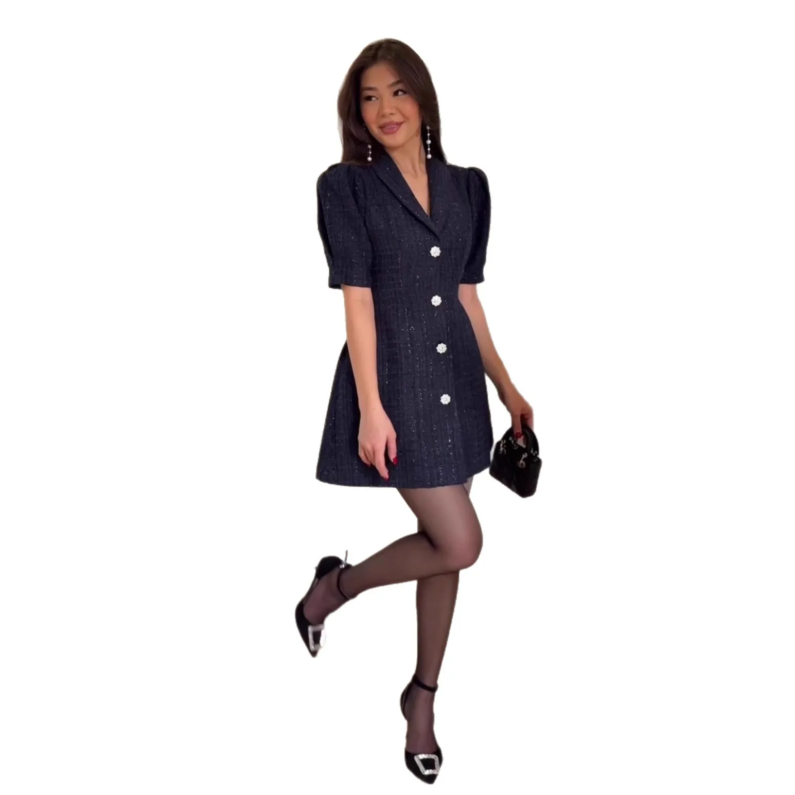 Temperament Elegant Houndstooth Dress Women Suit Collar Short Sleeves Single Breasted Short Dresses Commuting Style Vestidos