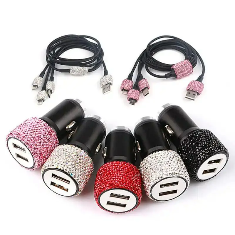 Bling USB Car Charger 5V/2.1A Crystal Decoration Dual Port Fast Adapter,3.9ft Nylon Type C Micro USB 3-in-1 Multi Charging Cable