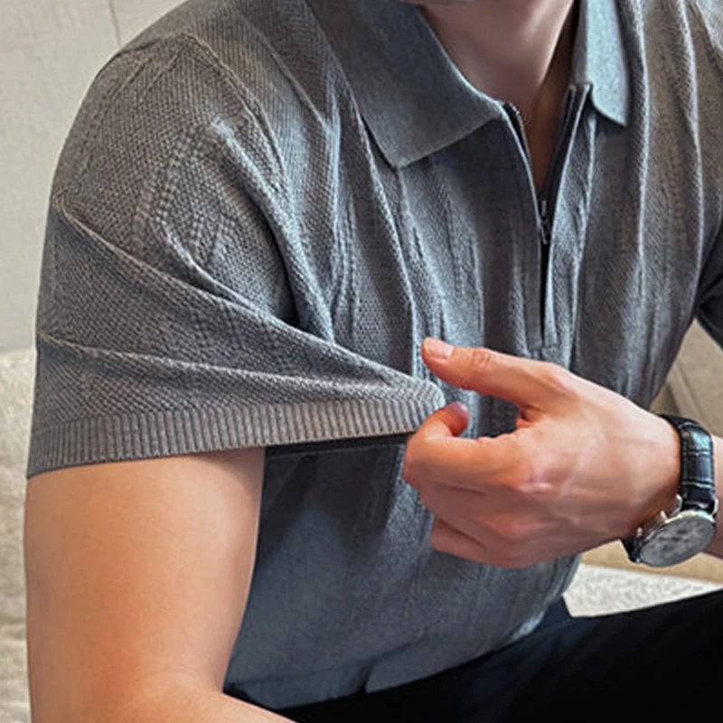 Old Money Style Men's Polo Shirt, Textured Half-Zip Knit with Raised Texture, Premium Casual Short Sleeve Top