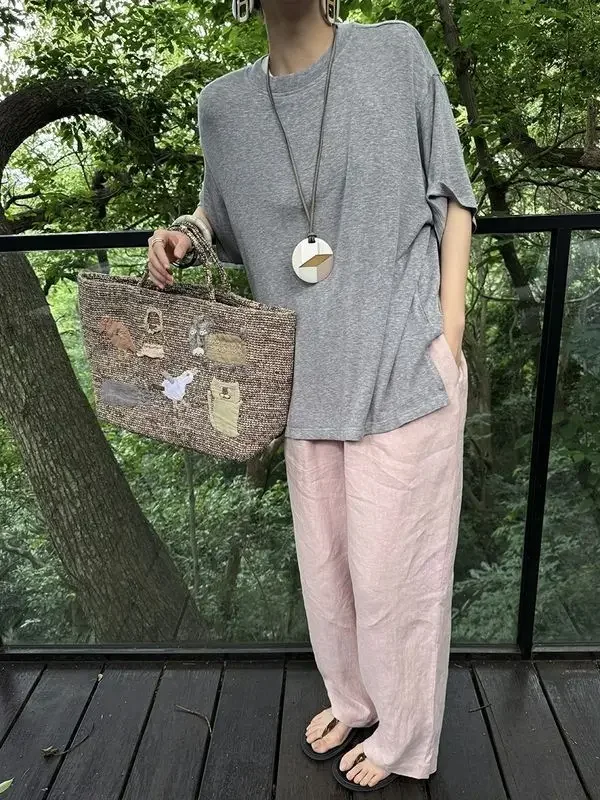 

Новая летняя женская футболка 2025 года, свободный пригородный топ с круглым вырезом