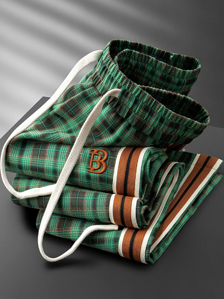 

Summer Thin Plaid Casual Pants Men's Side Color Contrast Elastic Waist High End Embroidery Straight Leg Long Trousers