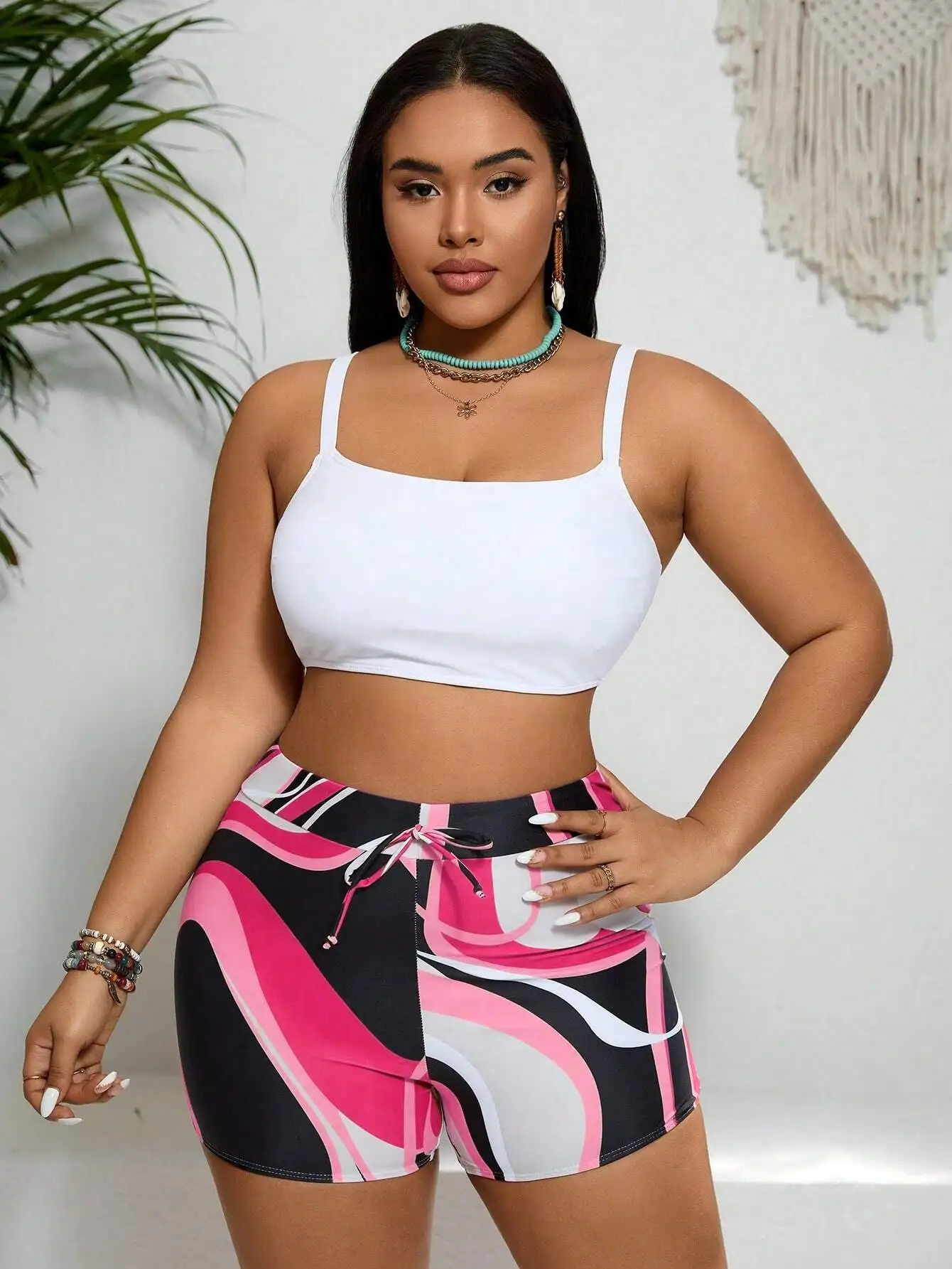 Plus Size Women Summer Beach Wireless Tankini Set With Palm Tree Printed Cover Up