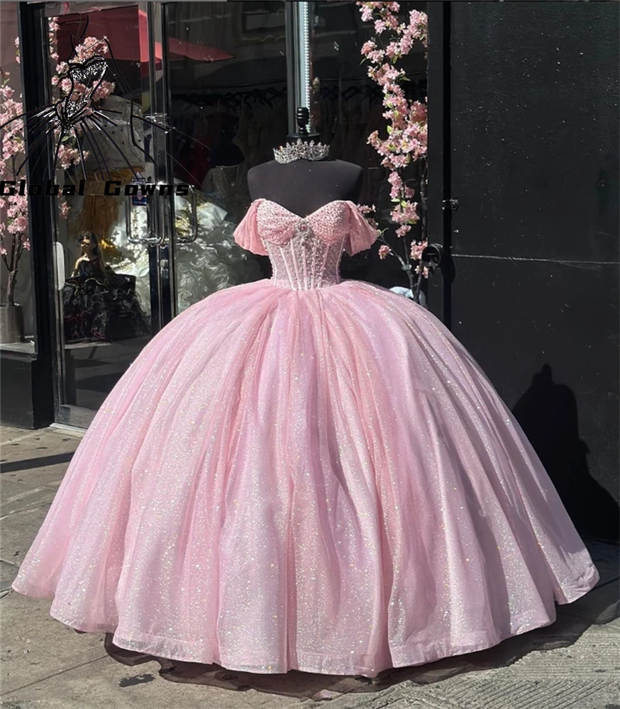 Rosa fora do ombro vestido de baile, vestido Quinceanera frisado, vestidos de festa, doces 16 vestidos de baile, México